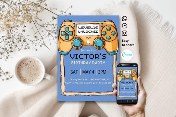 Download Modern Video Game Aqua Kids Invitation - Modern Collection